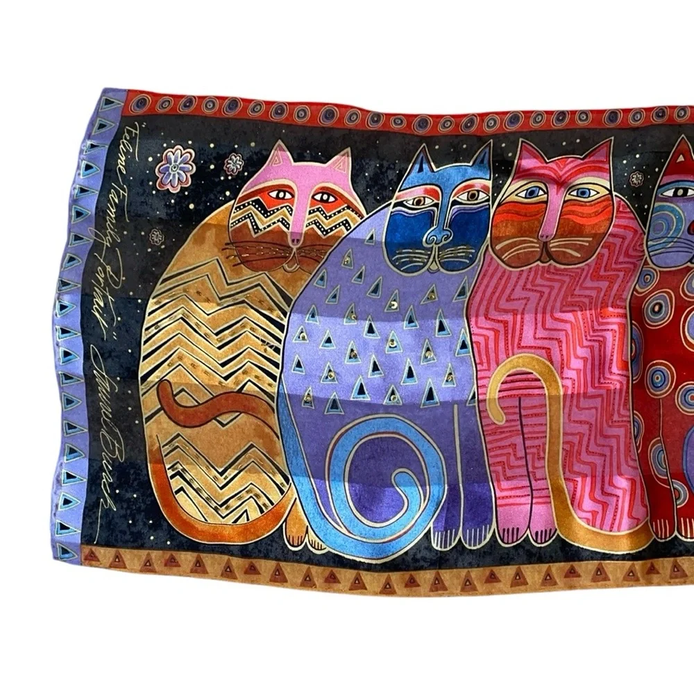 Vintage Laurel Burch Cat Scarf, Silk with Beaded and Sequin Accents